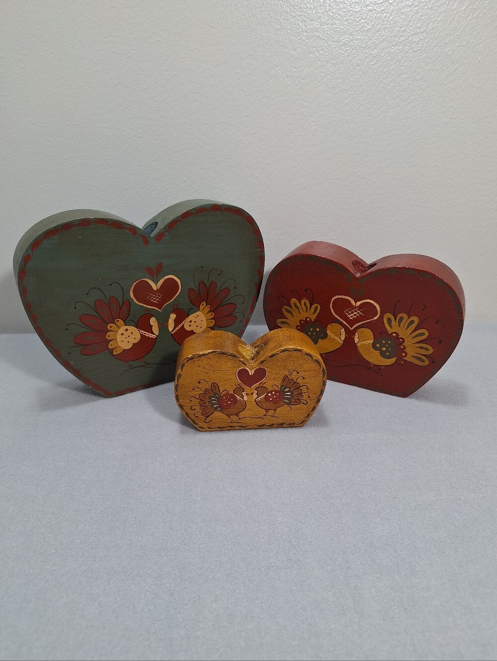 3 Vtg Handpainted Wood Folk Art Heart Candlestick Holders Chickens Cottage